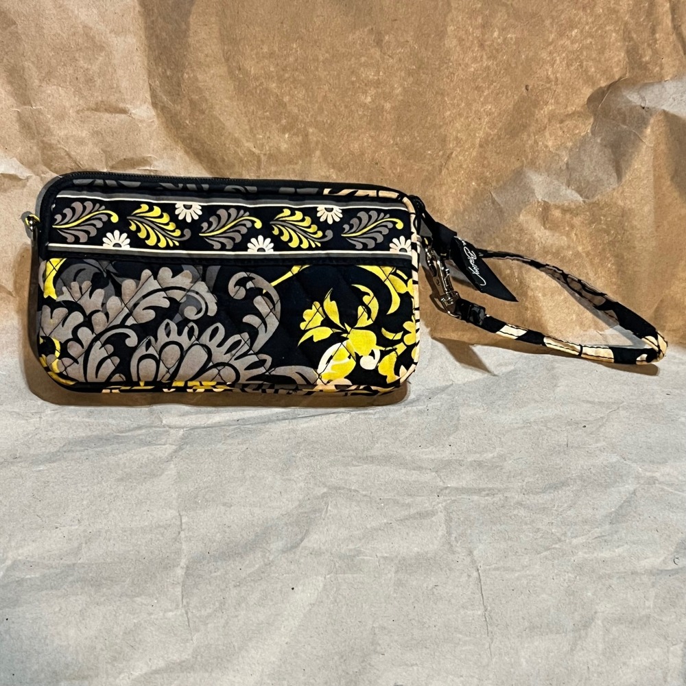 Vera Bradley Wristlet Wallet Black Yellow Grey‎ Floral Paisley Quilted Cotton